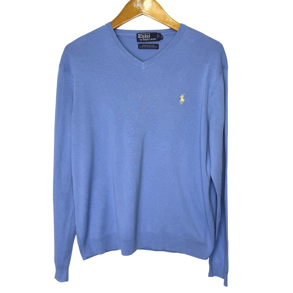 Vintage Polo Ralph‎ Lauren Pima Cotton V-neck Sweater Large Light Blue